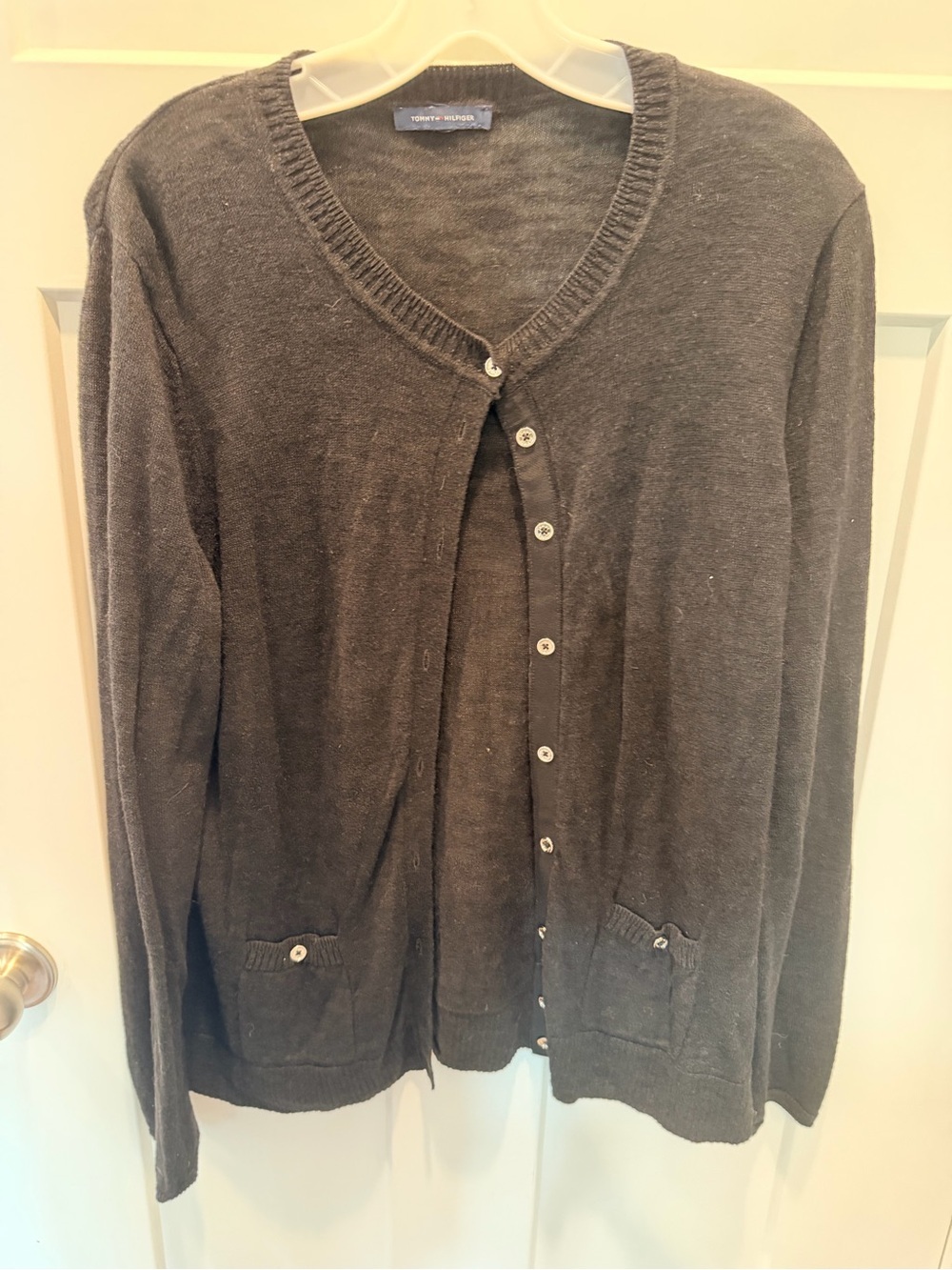Tommy Hilfiger Black Ramie Blend Button Cardigan Pockets Medium